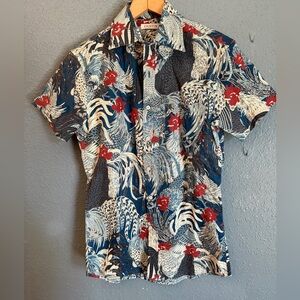 Gustin Men's Blue Floral Rooster Hawaiian Button Up Shirt
